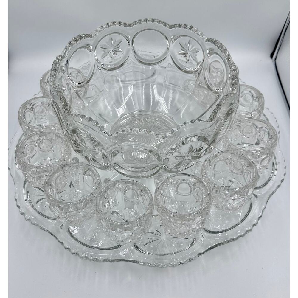 Tiffin-Franciscan L.E Smith Moon & Stars Punch Bowl, Large Under Plate & 10 Cups